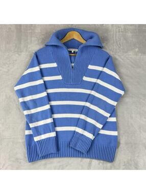 English Factory Stripe Cotton Zip Pullover Sweater Size S Sky Blue Turtleneck